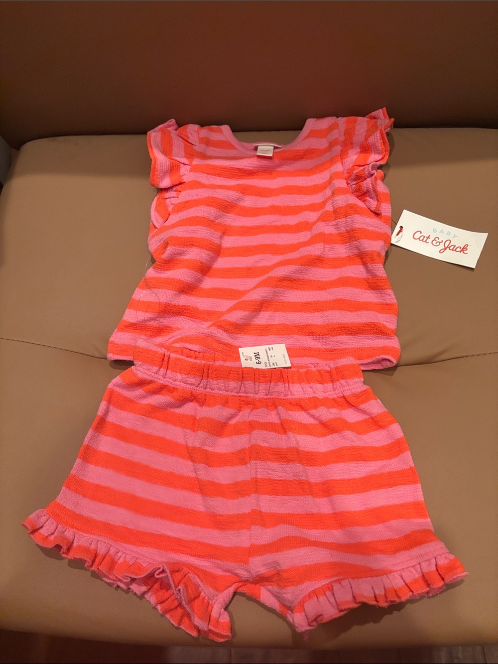 Cat & Jack Pink and Coral Striped Ruffle Sleeve Top & Shorts Set